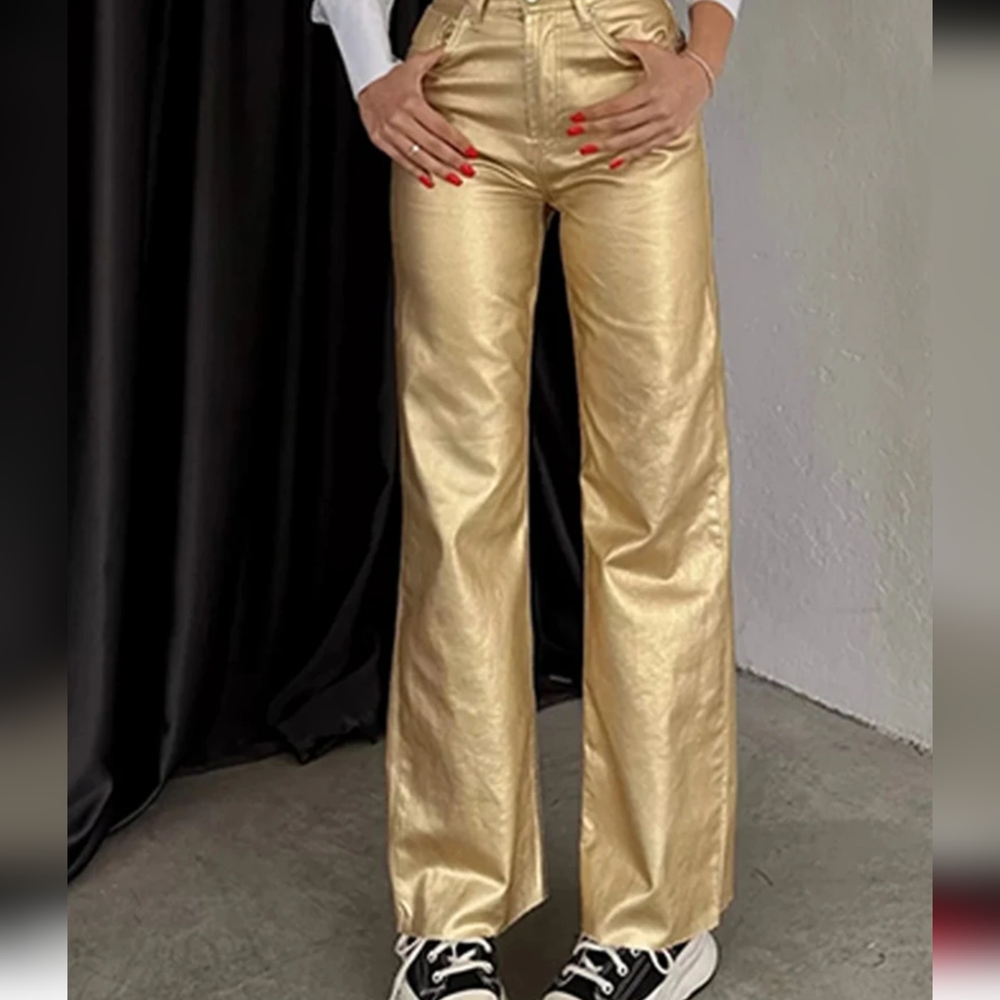 Women's Leather Pants Pencil Glod Tight PU Faux Leather Pants Solid Zipper Class - Picture 2 of 6